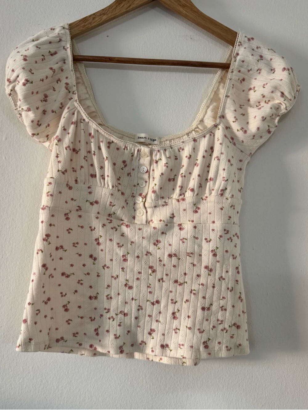 100% Cotton Cream Floral Puff-Sleeve Top Square Neck Babydoll Cottage Coquette